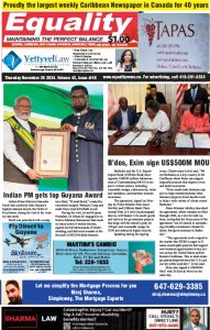 Equality Newspaper Canada - November 28, 2024 - Indian PM gets top Guyana Award